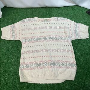 Vintage LL Bean Womens Sweater Ivory Pink Patterned Short Sleeve Size XL Cotton
